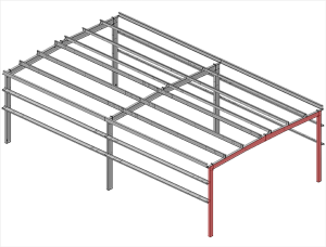A wireframe illustration of an example of a symmetrical (double-slope) building with straight columns.